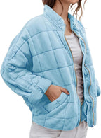 LIZALIG Warm Padded Coat for Women Full Zip Quilted Jackets Winter Oversized Causal Solid Color Stand Collar Pockets Coat