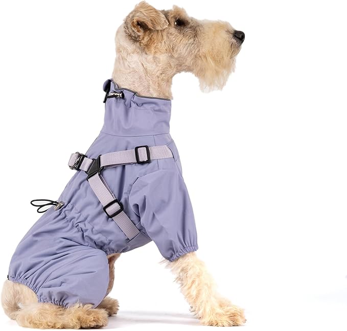 Mile High Life Waterproof Dog Raincoat, Full Coverage Small Dog Rain Coat with Harness, Adjustable 4 Legs Puppy Rain Jacket with Reflective Strip and Elastic Cuffs (Purple, M Back Length 14.6")