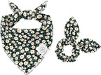 E-Clover Dog Bandanas & Matching Scrunchie Set Girl Dog Scarf Bibs with Bow Scrunchie for Medium Large Dogs Pet Owner Gifts Flower Black
