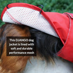 DJANGO Dog Jacket & Raincoat – Lightweight Water-Resistant Coat for Small, Medium & Long Dogs Like Dachshunds – Reflective, Adjustable Fit, Harness-Compatible & Easy-Access Harness Hole - Red, Small