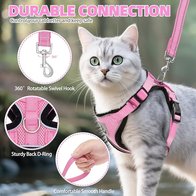 PUPTECK Cat Harness and Leash Set Escape Proof Reflective Cat Walking Harness Adjustable Soft Breathable Mesh Vest for Small Pets, Light Pink, S