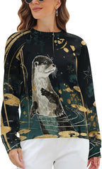 Womens Long Sleeve Tops Y2k Japanese Art Print Sweatshirts Fall Pullover for Women Crewneck Vintage Shirts Boho Tops