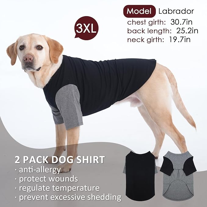 2 Pack Large Dog T-Shirts 3XL - Breathable Lightweight Cotton Clothes, Shedding Control Protect Skin Shirt for Dogs Husky, Labrador, Summer Hot Day Sleeping, Walk, Sea, Park Play, GreyBlack