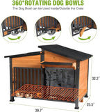 Heated Dog House Outdoor, Insulated Dog Kennel with Heating Pad for Winter, Weatherproof Dog Shelter with Anti-Chewing Metal Frame and Bowls for Small Medium Large Dogs (Brown)
