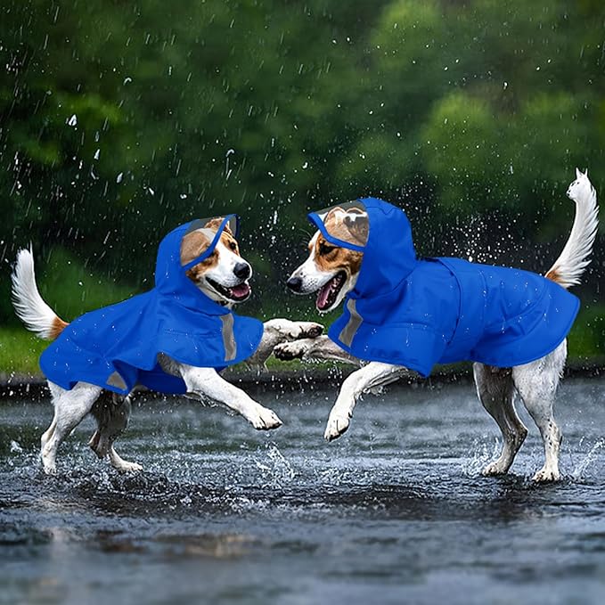 Kuoser Dog Raincoat, Waterproof Dog Rain Jacket with Clear Hooded Double Layer, Lightweight Reflective Dogs Rain Coat with Adjustable Belly Strap, Rain Coats for Medium Large Dogs Outdoor Wear, Blue L