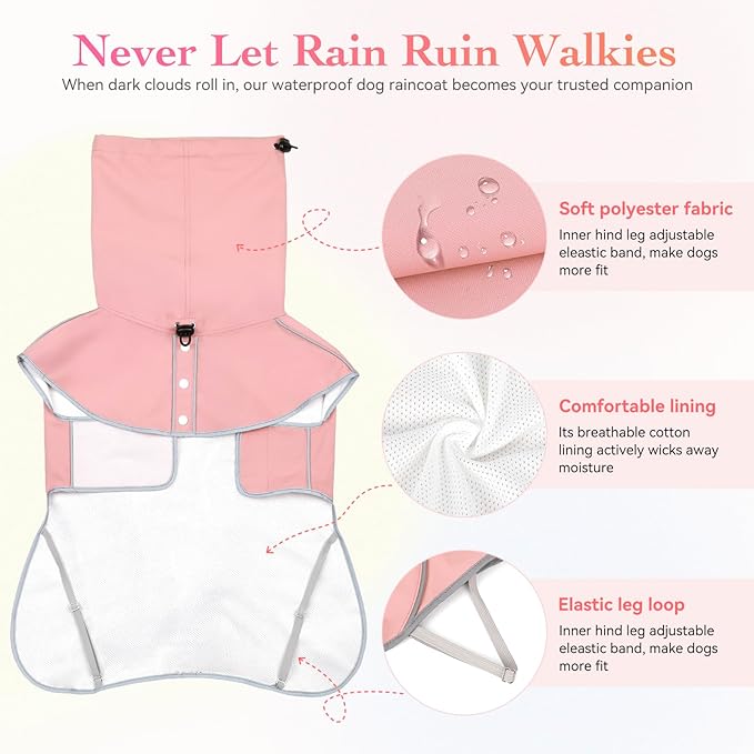 Reflective Dog Raincoat, Windproof & Waterproof Dog Rain Jacket, Adjustable Hooded Pet Poncho with Leash Hole for Small, Medium, Large Dogs(S-2XL) (Pink, Large)
