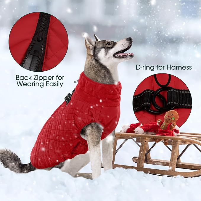 Kuoser XL Insulated Dog Vest | Big Breed Jacket for Huskies & Shepherds | Reinforced Seams Withstand Snow Play, Breathable, Red XL