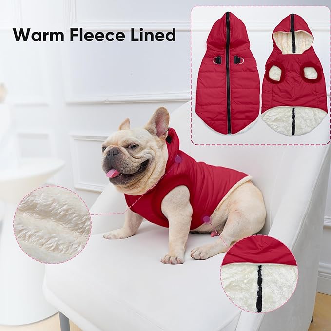 Fleece Lining Dog Hoodie with Harness Built in,Extra Warm Medium Dog Jacket in Winter Doggie Coats with Hooded,Red XL
