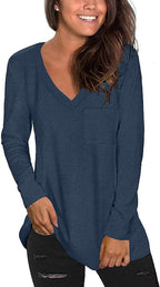 Tobrief Women's Long Sleeve V-Neck Shirts Fall Graphic Tees Loose Casual T-Shirt
