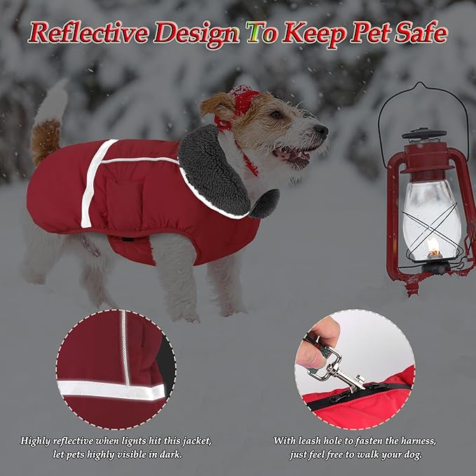 Dogcheer Warm Dog Coat, Christmas Dog Jacket Waterproof Puppy Winter Coat with Buckles, Reflective Adjustable Pet Snow Jacket Turtleneck Fleece Sweater for Small Medium Large Dogs - Red, 3XL