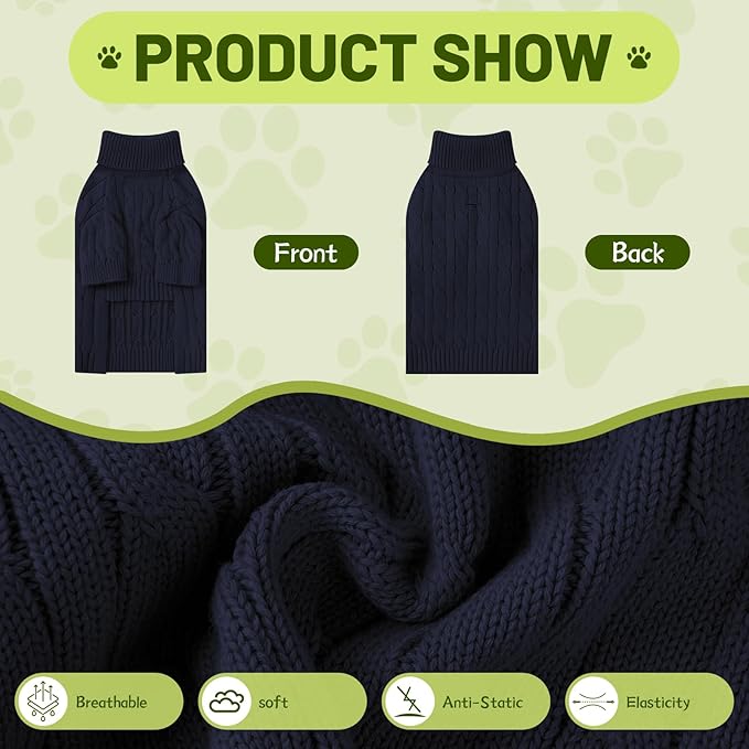 Small Dog Thermal Pullover Sweater, Classic Turtleneck Cable Knitwear Dog Clothes for Cold Weather Warm Pet Clothes for Chihuahua, Bulldog, Dachshund, Pug Navy Large