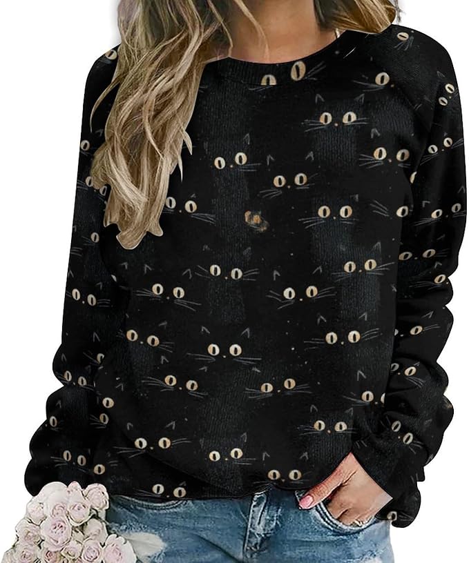 Abstract Cute Cat Shirts for Women Long Sleeve Lady Crewneck Pullover Sweatshirt Fall Winter Oversized Tops