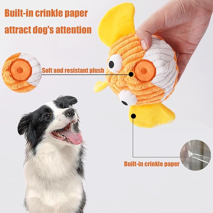 Squeak Dog Toys For Aggressive Chewers, Interactive Dog Toy Ball With Crinkle Paper, No Stuffing, Perfect For Medium Dogs, Large & Small Breeds (C-Yellow Fish)