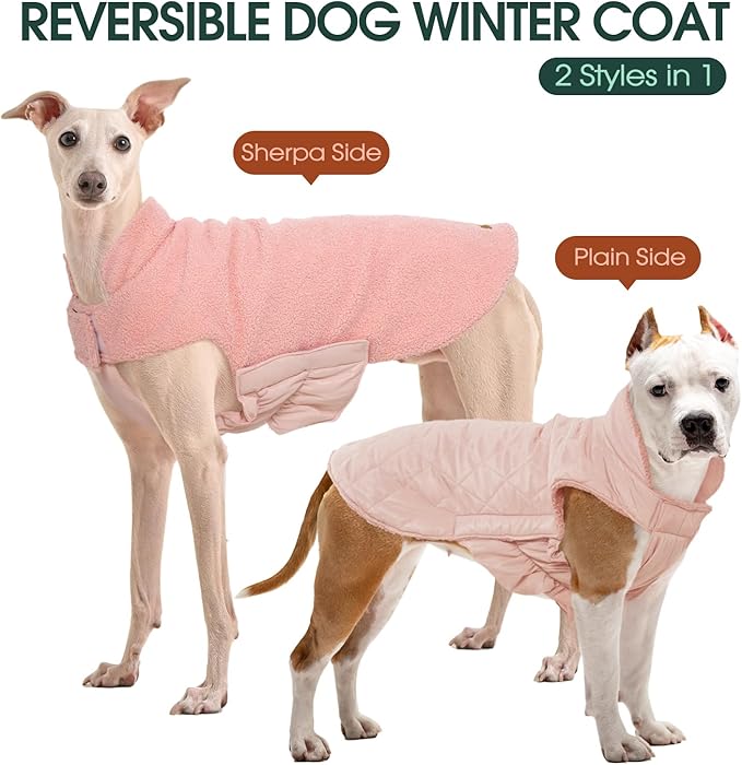 Kuoser Reversible Dog Coat – Warm Fleece & Quilted Waterproof Dog Jacket, Double-Sided Cold Weather Dogs Winter Coat with Harness Hole, Windproof Pet Snow Vest for Small Medium Large Dogs, Pink 3XL