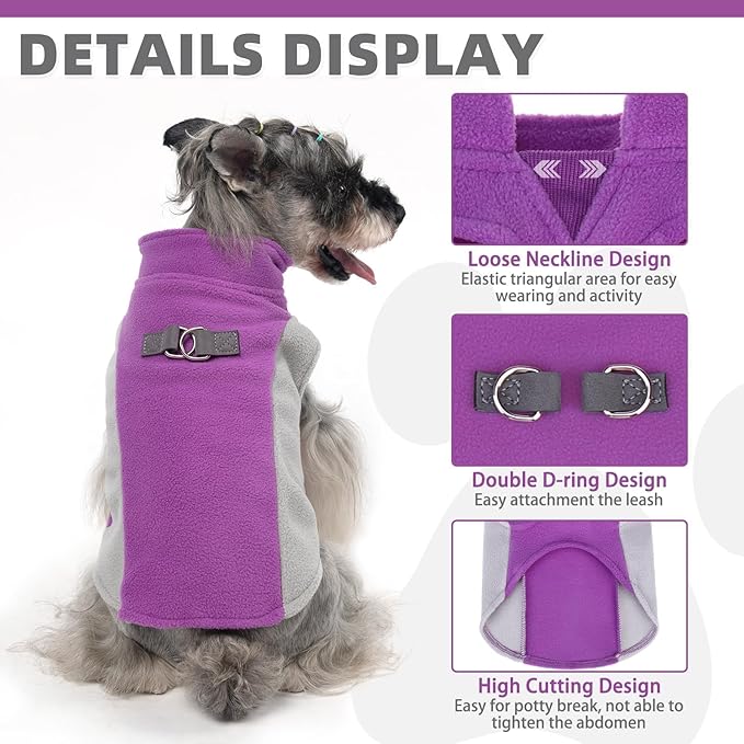KOOLTAIL Small Dog Sweater - Dog Fleece Vest Jacket with Leash D-Ring for Small Medium Dogs, Soft Pullover Winter Warm Cold Weather Coats, Pet Fall Clothes Outfit for Puppy Cat Boys&Girls, Purple XS