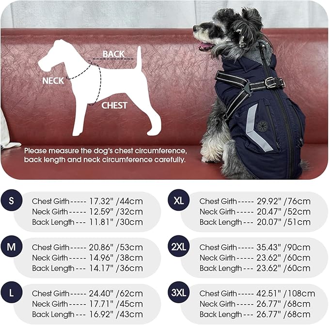 FUAMEY Dog Winter Coat Reflective Strips, Cozy Dogs Jacket with Harness Back Zipper, Fleece Lined Puppy Vest Thermal Clothes, Dog Cover for Cold Weather Snow Outfits, French Bulldogs (Dark Blue, M)