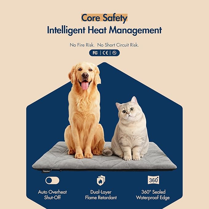 Dog Heating Pad (31"x20") - Waterproof Electric Heated Mat & Pet Bed for Indoor and Outdoor Use, Chew Resistant Cord, Machine Washable Cover with Wheat Pattern Quilting, for Cats and Pets