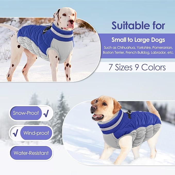 AOFITEE Dog Coat, Warm Dog Winter Coat, Reflective Turtleneck Large Dogs Jacket with Harness Built in, Turtleneck Pet Winter Jacket, Waterproof Pet Snow Jackets Fleece Vest, Blue XL