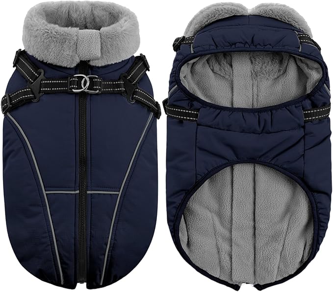 Queenmore Dog Jackets for Large Dogs, Dog Coat with Harness Built in,Waterproof Dogs Coats with Zipper On Back,Warm Fleece Lining Cold Weather Pet Coats with Furry Collar for Labrador,NavyBlue,L