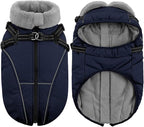 Queenmore Dog Jackets for Large Dogs,Dog Coat with Harness Built in,Waterproof Dogs Coats with Zipper On Back,Warm Fleece Lining Cold Weather Pet Coats with Furry Collar for Labrador,NavyBlue,XL