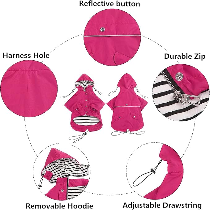 Morezi Dog Zip Up Raincoat with Reflective Buttons, Rain/Water Resistant, Adjustable Drawstring, Removable Hood, Raincoats with Legs 8lbs to 80lbs Available - Pink - XS