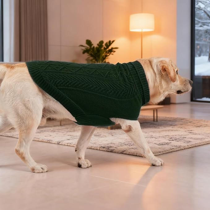 PUPTECK Dog Sweater, Turtleneck Warm Knitted Pullover Coat, Thick Cable Knitwear Clothes in Winter, Pet Apparel Outfits for Large Dogs, for Cold Weather Indoor & Outdoor, Deep Green ML