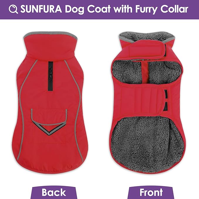 SUNFURA Dog Coat, Warm Dog Coat XXL Puffer Jacket with Harness Hole, Reflective Pet Snow Jacket Turtleneck Fleece Vest for Weimaraner, Labrador, Golden Retriever, Red 2XL