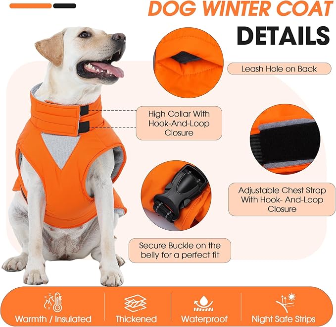 Extra Large Dog Coat, Warm Dog Winter Jacket, Waterproof Dogs Snowsuit with Foldable High Collar, Reflective Strips, Adjustable Hook & Loop Closure - Ideal for Cold Weather - Orange 5XL