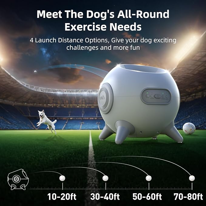 uahpet Automatic Ball Launcher for Dog with Obstacle Detection, 4 Adjustable Distances Ball Thrower Launcher for Medium & Large Dogs with 2 Balls (2.5 inches)