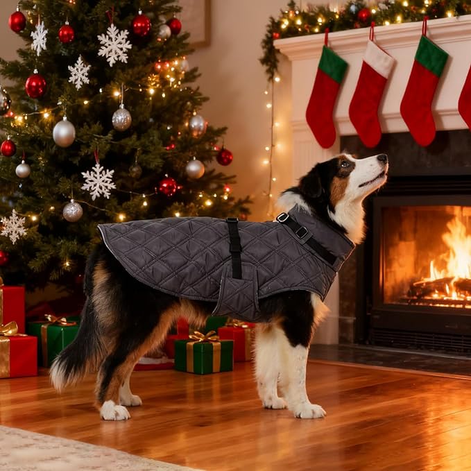 Kuoser Dog Coat Warm Fleece Lining Turtleneck Dog Jacket with Harness Built-in, Adjustable Windproof Cold Weather Coats with Quick Release Buckle Pet Winter Snowsuit for Small Dogs, Grey S