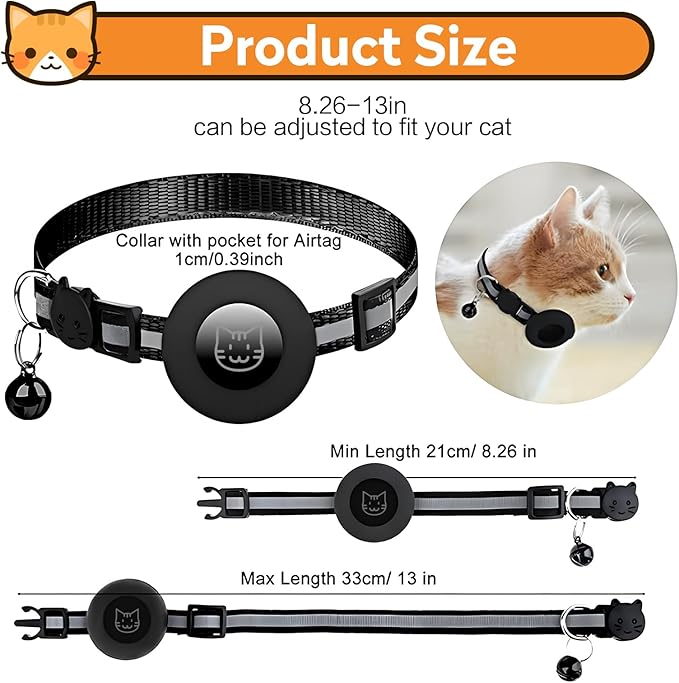 2 Pack Airtag Cat Collar with Bell, Reflective Nylon Kitten Collar with Apple Air Tag Holder and Breakaway Safety Buckle for Puppy Girl Boy Cats, 3/8" in Width and Lightweight, Pink