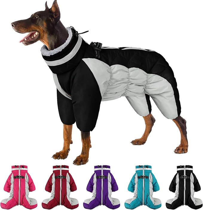 SUNFURA Full Body Dog Coat - Warm Fleece Jacket for Large Dogs, Turtleneck Winter Coats with Harness, Reflective Windproof Dog Snowsuit with Legs for Labrador,Golden Retriever, Black 2XL