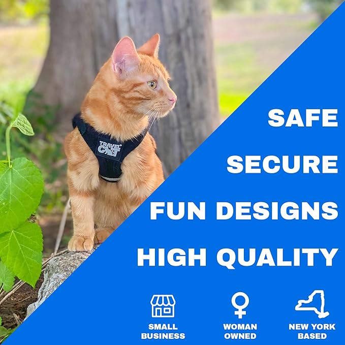 Travel Cat Harness and Leash Set - Adjustable Fit Mesh Cat Harness and Reflective Strap - Comfort Walking Vest for Kitten for Outdoor Walking, Hiking (Large, Black)