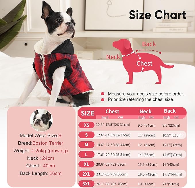 Fleece Lining Dog Hoodie for Small Dogs Extra Warm Plaid Sweater with Drawstring Hooded Coats in Winter Puppy Jacket,Red S