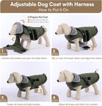 Queenmore Dog Coats for Large Dogs Winter Waterproof with Harness Built-in, Pet Puffer Warm Jacket with Harness for Snow/Cold Weather for Large Breed - Fleece Lining Easy-on Reflective, Green L