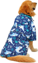 HDE Dog Raincoat Poncho Double Layer Zip Rain Jacket with Removable Hood, Leash Hole for Small to 3XL Dogs and Puppies Sharks - 2XL