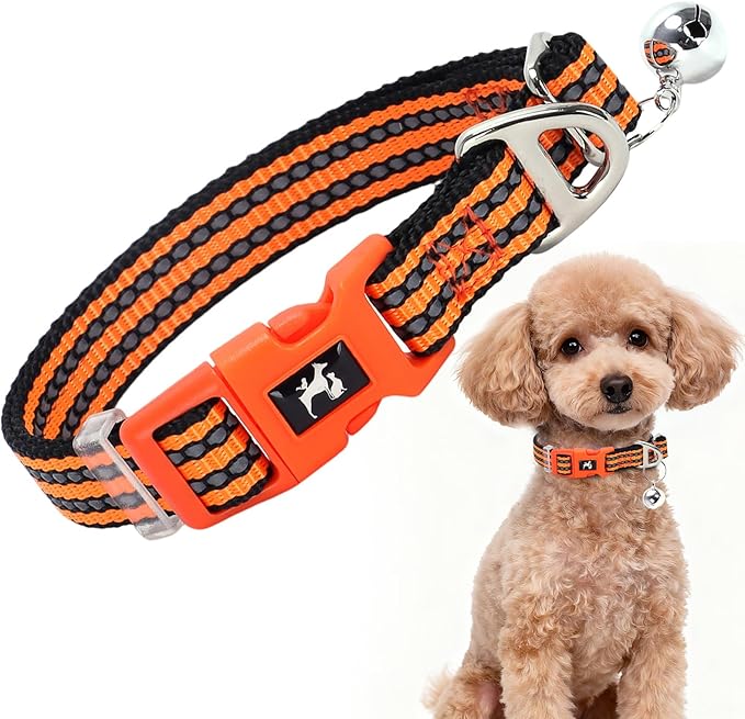 Small Dog Collar with Bell - Cute Reflective Puppy Collar Gift for Boy/Girl, Adjustable Nylon Collar for Chihuahua Pomeranian Nighttime Safety （Orange S）
