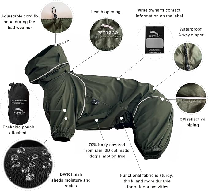 Dog Lightweight Windbreaker, Dog Outdoor 4-Legs Jacket, 0.5 lbs,Durable Water Repellent, Hooded, Easy on/Off with Collar and Harness, Reflective, Packable,Dark Olive -XXX-Large (Male)