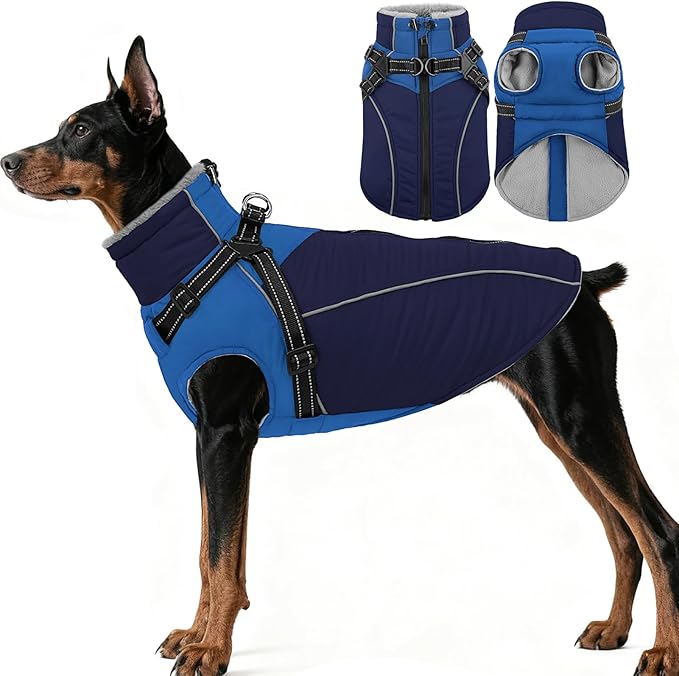 ASENKU Reflective Dog Coat with Built-in Harness, Windproof Fleece-Lined Dog Jacket for Small, Medium, Large Dogs, Warm Winter Vest with Turtleneck & Zipper (Navyblue 2XL)