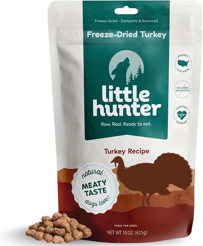 Little Hunter Freeze Dried Turkey Raw Dog Food | Grain Free, Limited Ingredient, Single Protein Meal or Mix in Topper | Novel Protein Kibble Alternative | 15 oz Bag