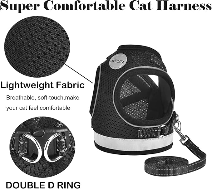 Cat Harness and Leash for Walking, Kitten Escape Proof Harnesses, Adjustable Reflective Puppy Harness with Leashes Set, Easy Adjustable Soft net Breathable Pet Safety Vest XS (Chest: 6" - 8") Black