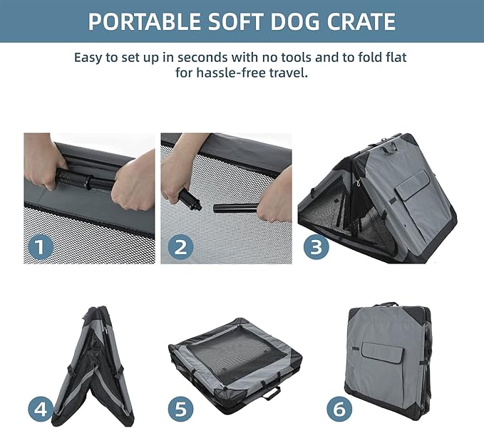 Pettycare 36 Inch Collapsible Crate for Large Dogs, 4-Door Foldable Soft Kennel with Chew Proof Mesh Windows for Indoor & Outdoor Travel