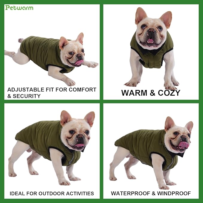 PetWarm Reversible Dog Winter Coat, Windproof Dog Puffer Vest, Soft Vest for Dogs with Hook-and-Loop Strap for Easy Dressing, Waterproof Coat for Dogs with Adjustable Fit, Green, L