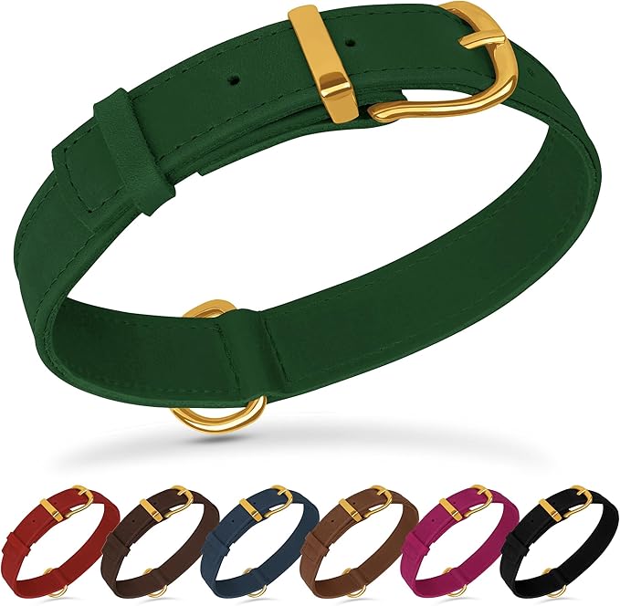 Leather Dog Collar - Heavy Duty Adjustable Soft Padded Pet Collars for Small Medium Large Dogs Breed - Black Green Brown Pink Red Blue (Green, M, 12"-15" Neck Fit)