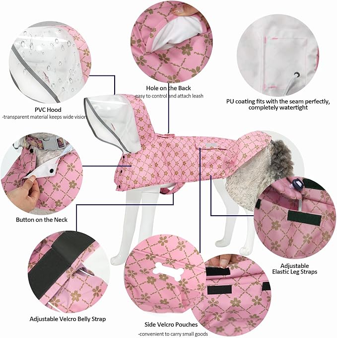 Waterproof Dog Raincoat, Adjustable Reflective Lightweight Pet Rain Clothes with Poncho Hood (Gold Cheery Blossoms Pink, Small)