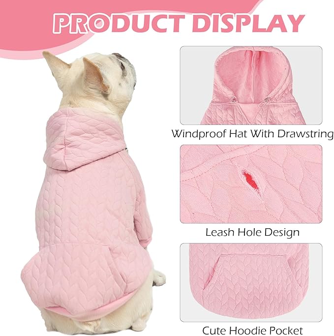 EXPAWLORER Textured Cable Knit Basic Dog Hoodie, Elevated Style Dog Sweater with Leash Hole and Pocket, Soft and Warm Pet Winter Coat, Cold Weather Clothes for Small Medium Large Dogs,Pink S