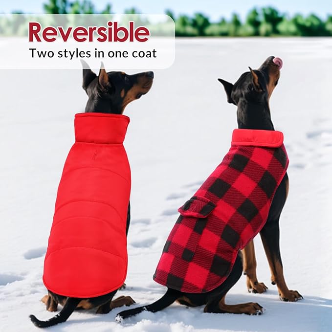 ASENKU Dog Winter Coat, Fleece Doggie Jacket Plaid Reversible Vest Waterproof Windproof Cold Weather Clothes for Small Medium Large Dogs(XS, Red)