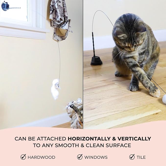 Whiskertons Interactive Bird Simulation Cat Toy Set, Interactive Cat Toys for Indoor Cats, Cat Feather Toy, Self-Holding Suction Base, 5 Replacement Birds, Feathers & Bells, Realistic Bird Impression