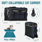 24-inch Foldable Cat Carrier with Removable Wheels – Large Pet Travel Carrier for Cats & Small Dogs, Breathable & Sturdy for Car Rides (Holds up to 44lbs)