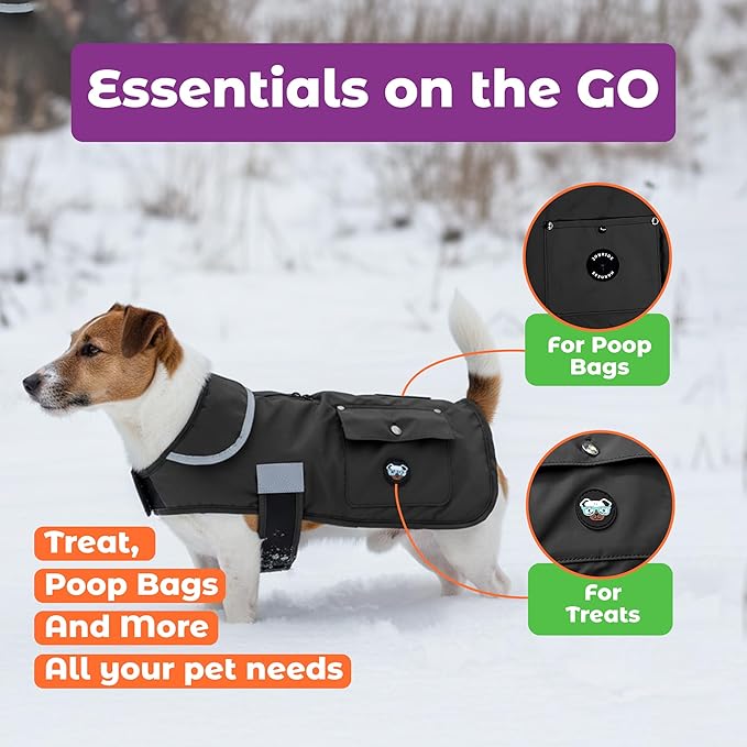 Joyride Harness FrostFlex Dog Winter Jacket - Fleece Lined & Water-Resistant - Snowsuit with Pockets for Treats & Poop Bags - Durable Cold Weather Dog Coat - Black Onyx-S